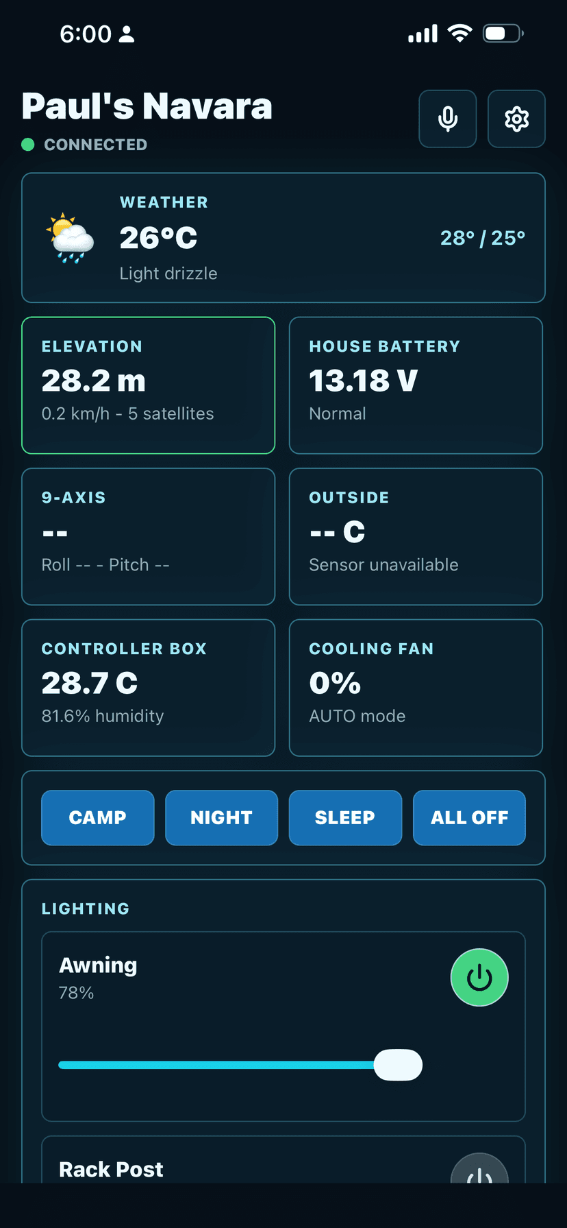 Dakila local Wi-Fi dashboard showing weather, elevation, house battery voltage, 9-axis roll and pitch, controller box temperature, cooling fan status, lighting scene buttons, and per-channel lighting sliders