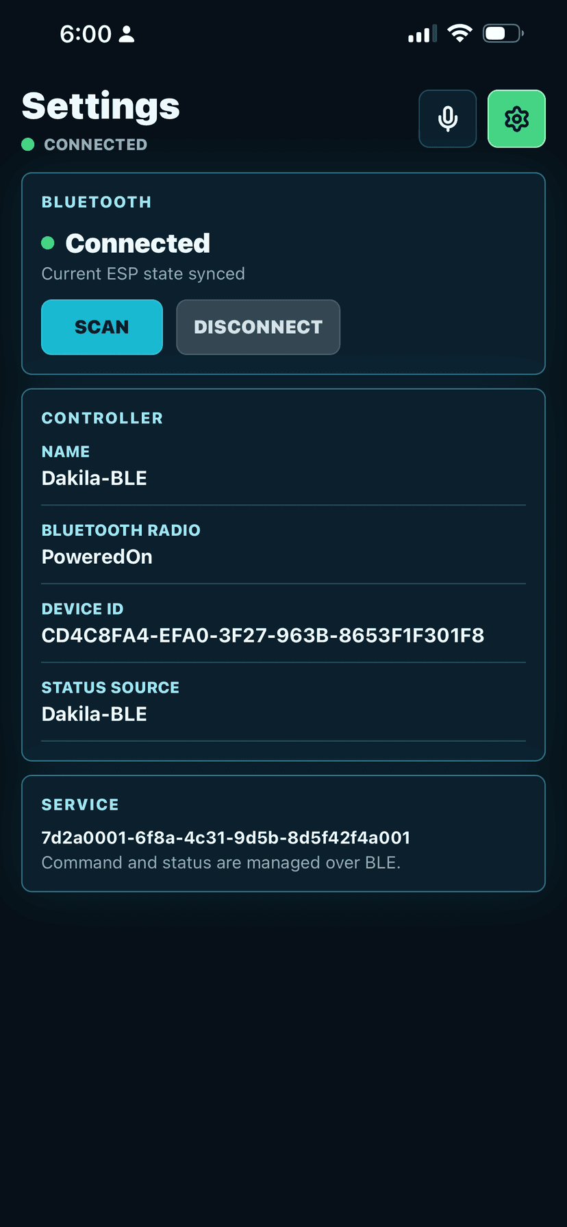 Dakila app settings screen showing Bluetooth connection status, scan and disconnect controls, controller name, radio state, device ID, and BLE service details